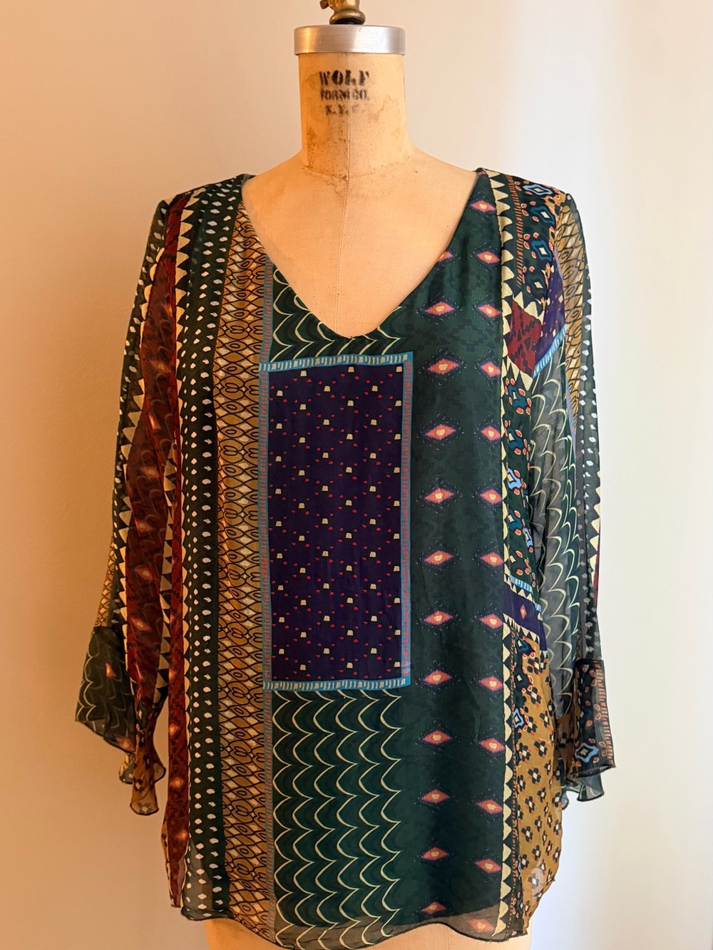 Moda Boho Dark Green Multi Silky V-Neck Tunic fully lined